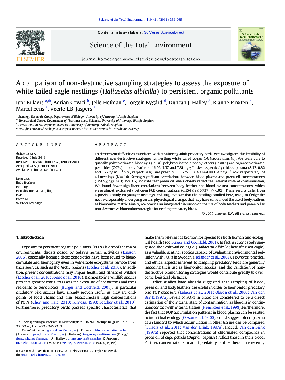 A comparison of non-destructive sampling strategies to assess the exposure of white-tailed eagle nestlings (Haliaeetus albicilla) to persistent organic pollutants