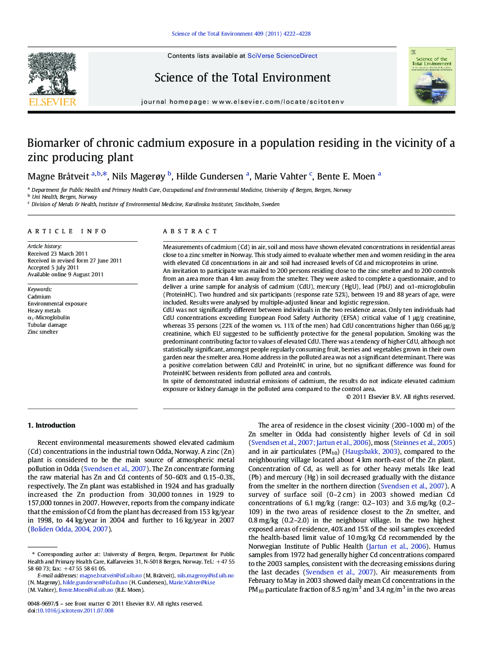 Biomarker of chronic cadmium exposure in a population residing in the vicinity of a zinc producing plant