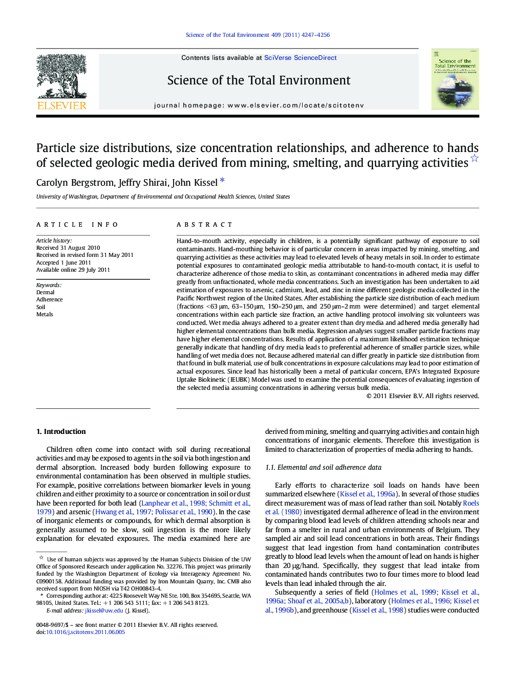 Particle size distributions, size concentration relationships, and adherence to hands of selected geologic media derived from mining, smelting, and quarrying activities 