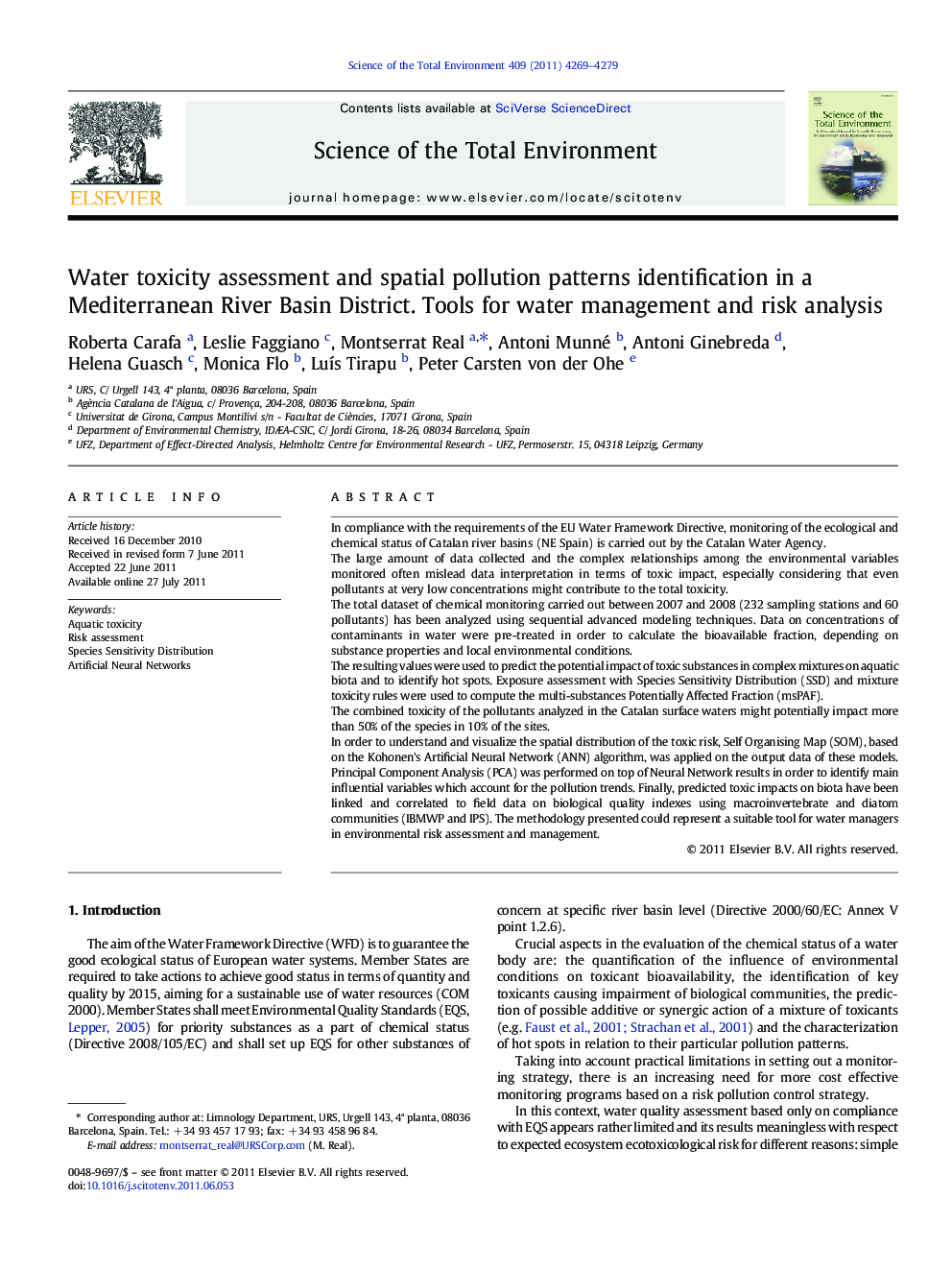 Water toxicity assessment and spatial pollution patterns identification in a Mediterranean River Basin District. Tools for water management and risk analysis