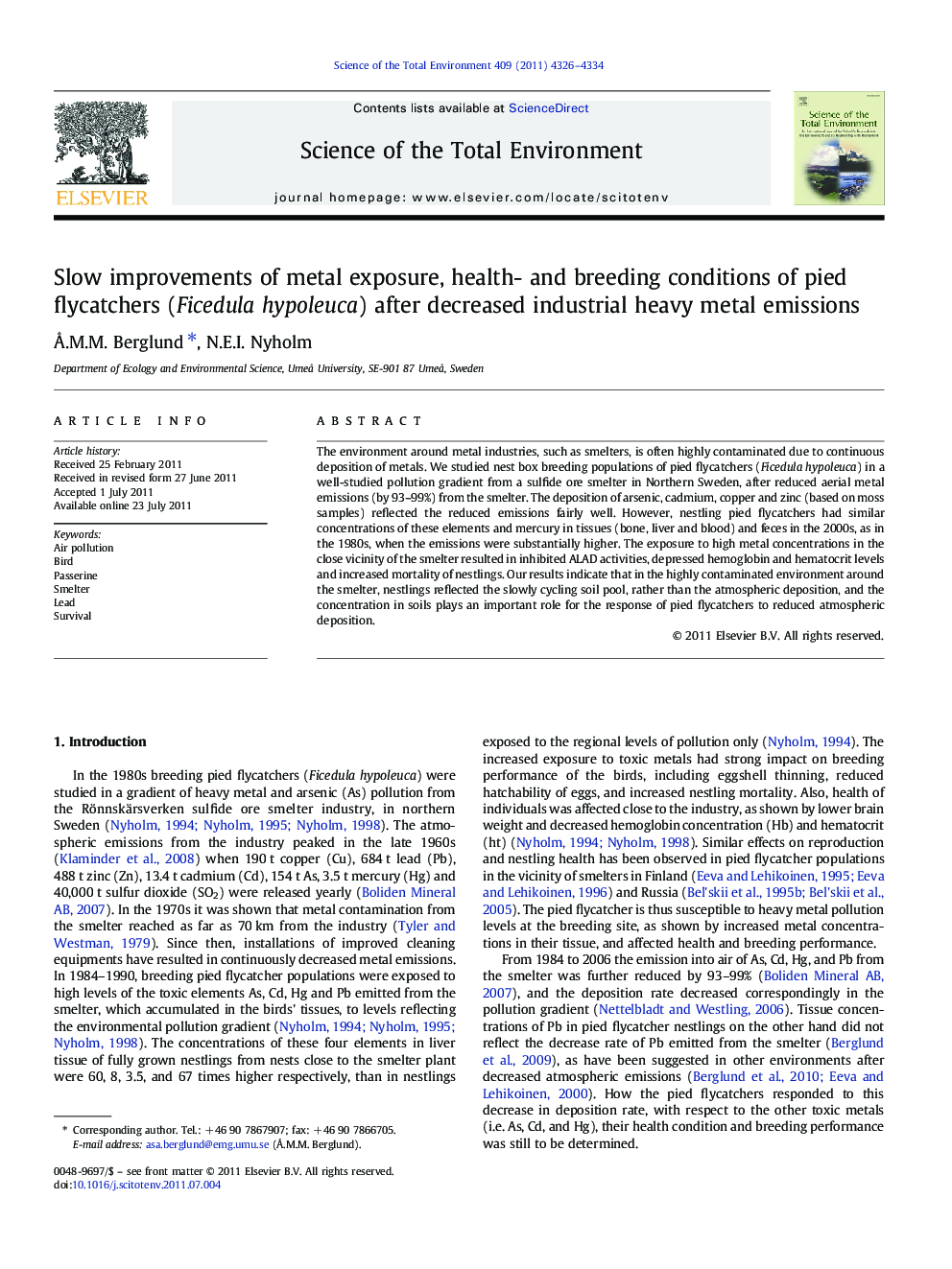 Slow improvements of metal exposure, health- and breeding conditions of pied flycatchers (Ficedula hypoleuca) after decreased industrial heavy metal emissions