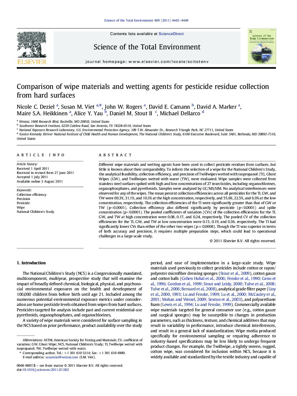 Comparison of wipe materials and wetting agents for pesticide residue collection from hard surfaces