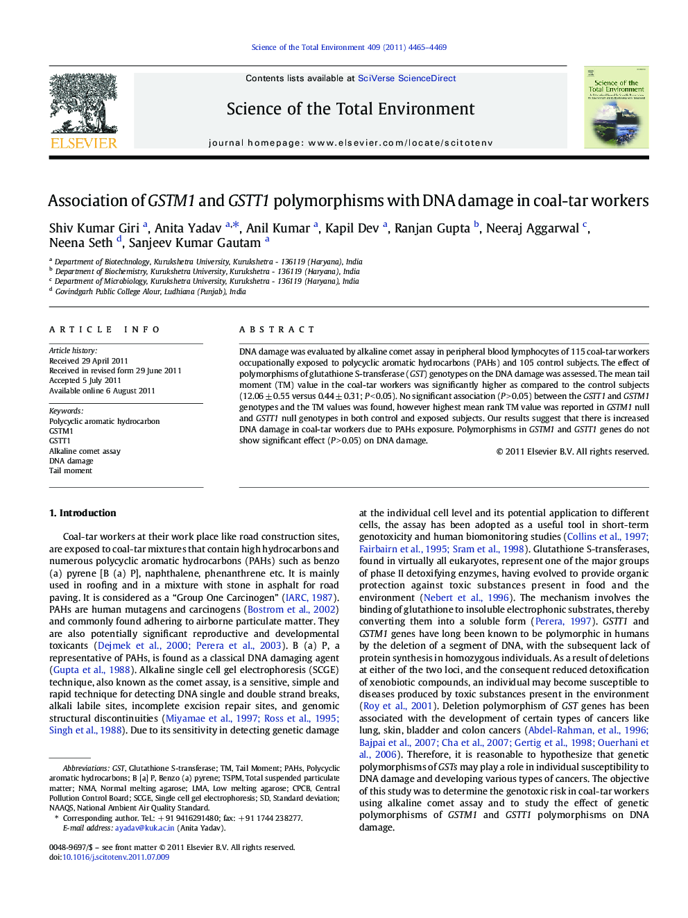Association of GSTM1 and GSTT1 polymorphisms with DNA damage in coal-tar workers