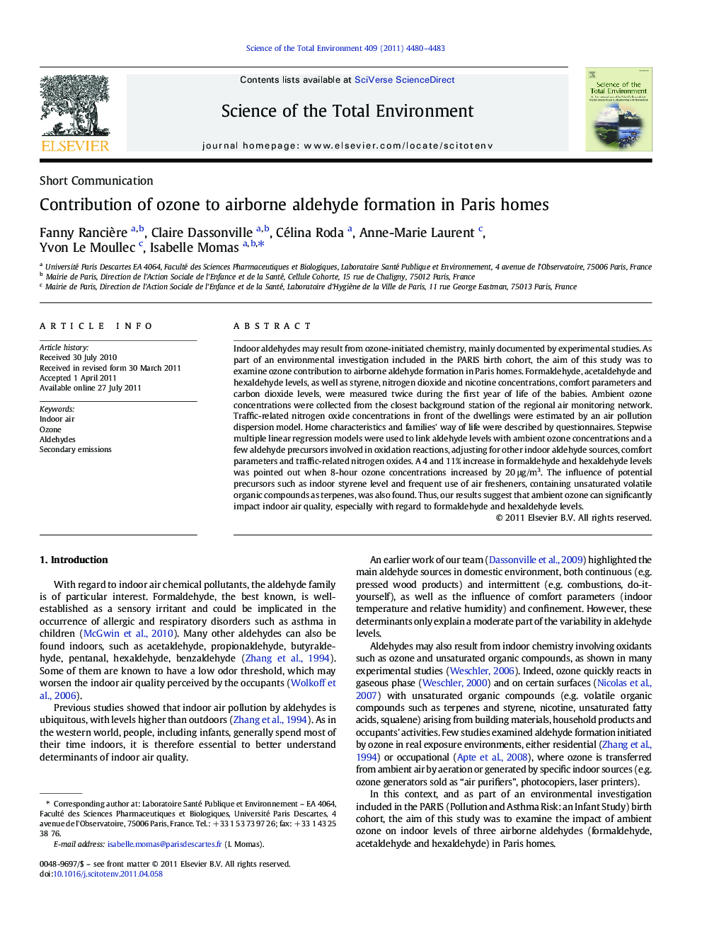 Contribution of ozone to airborne aldehyde formation in Paris homes