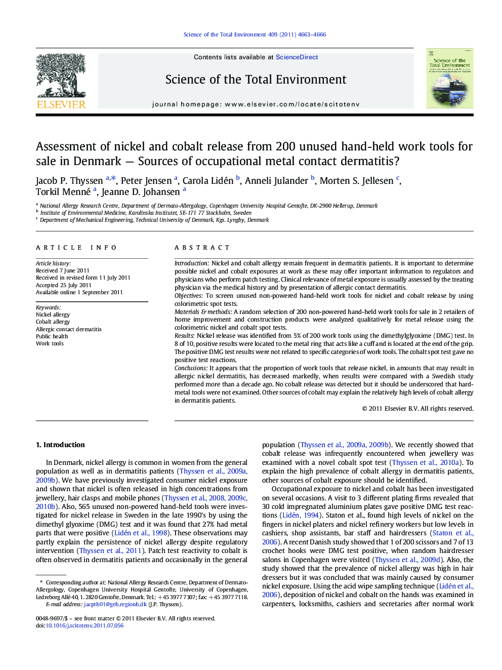 Assessment of nickel and cobalt release from 200 unused hand-held work tools for sale in Denmark — Sources of occupational metal contact dermatitis?