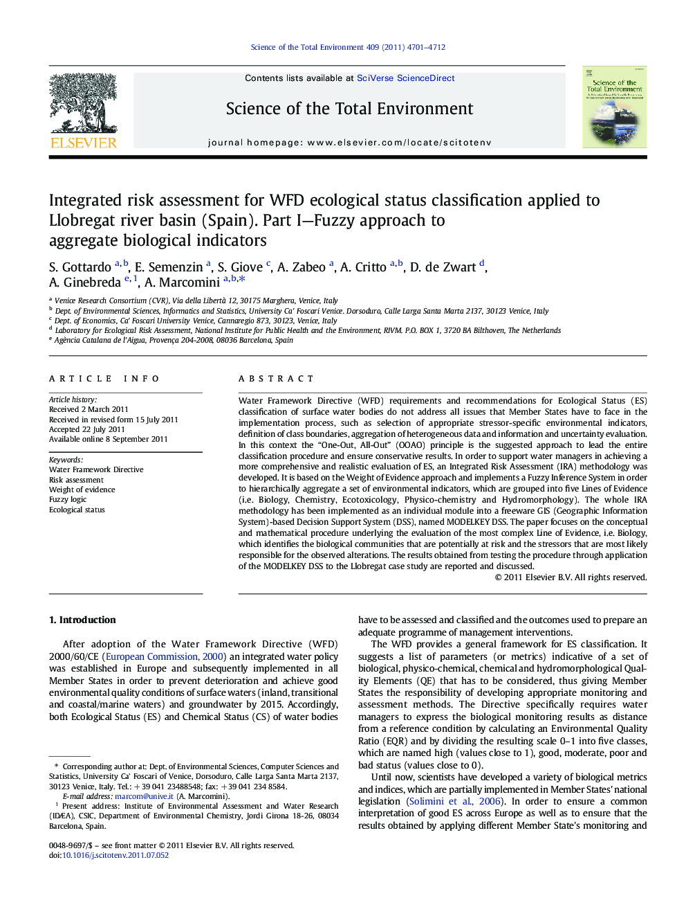 Integrated risk assessment for WFD ecological status classification applied to Llobregat river basin (Spain). Part I—Fuzzy approach to aggregate biological indicators