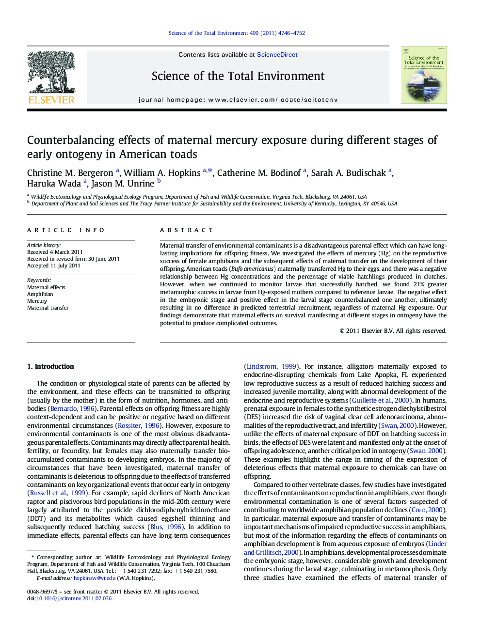 Counterbalancing effects of maternal mercury exposure during different stages of early ontogeny in American toads