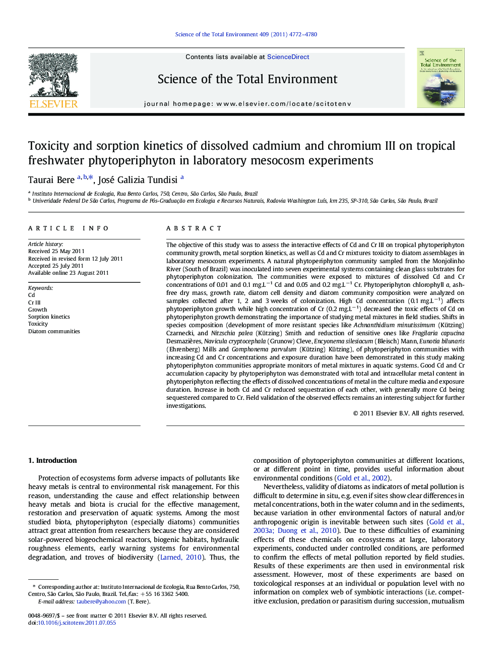 Toxicity and sorption kinetics of dissolved cadmium and chromium III on tropical freshwater phytoperiphyton in laboratory mesocosm experiments