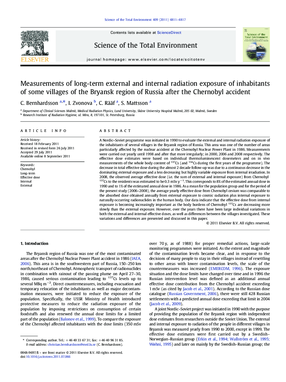 Measurements of long-term external and internal radiation exposure of inhabitants of some villages of the Bryansk region of Russia after the Chernobyl accident