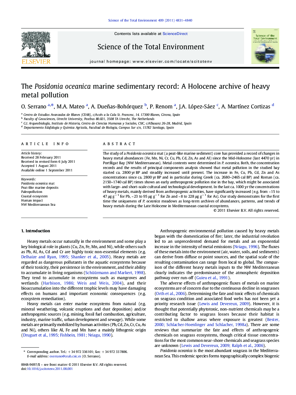 The Posidonia oceanica marine sedimentary record: A Holocene archive of heavy metal pollution