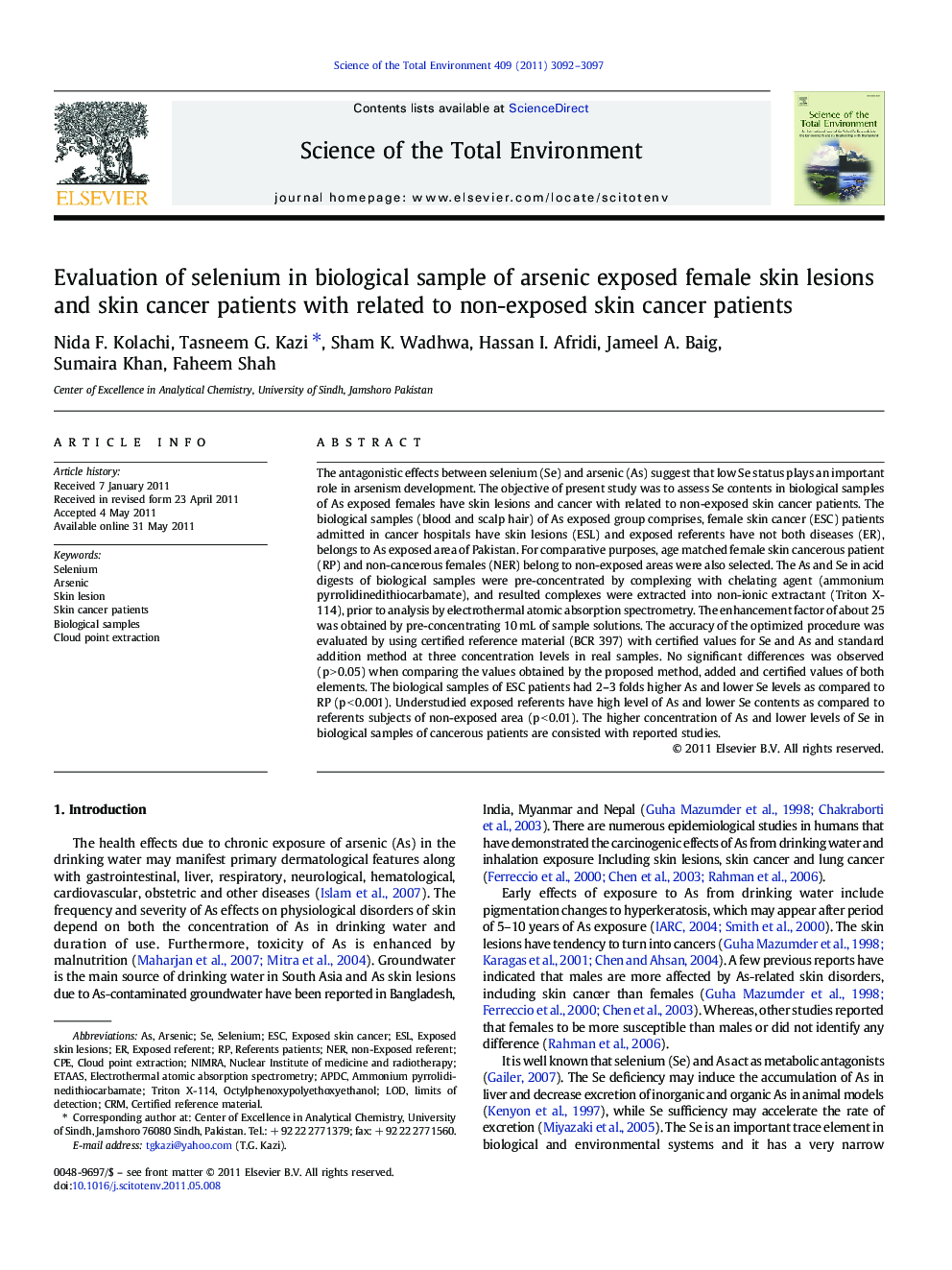 Evaluation of selenium in biological sample of arsenic exposed female skin lesions and skin cancer patients with related to non-exposed skin cancer patients