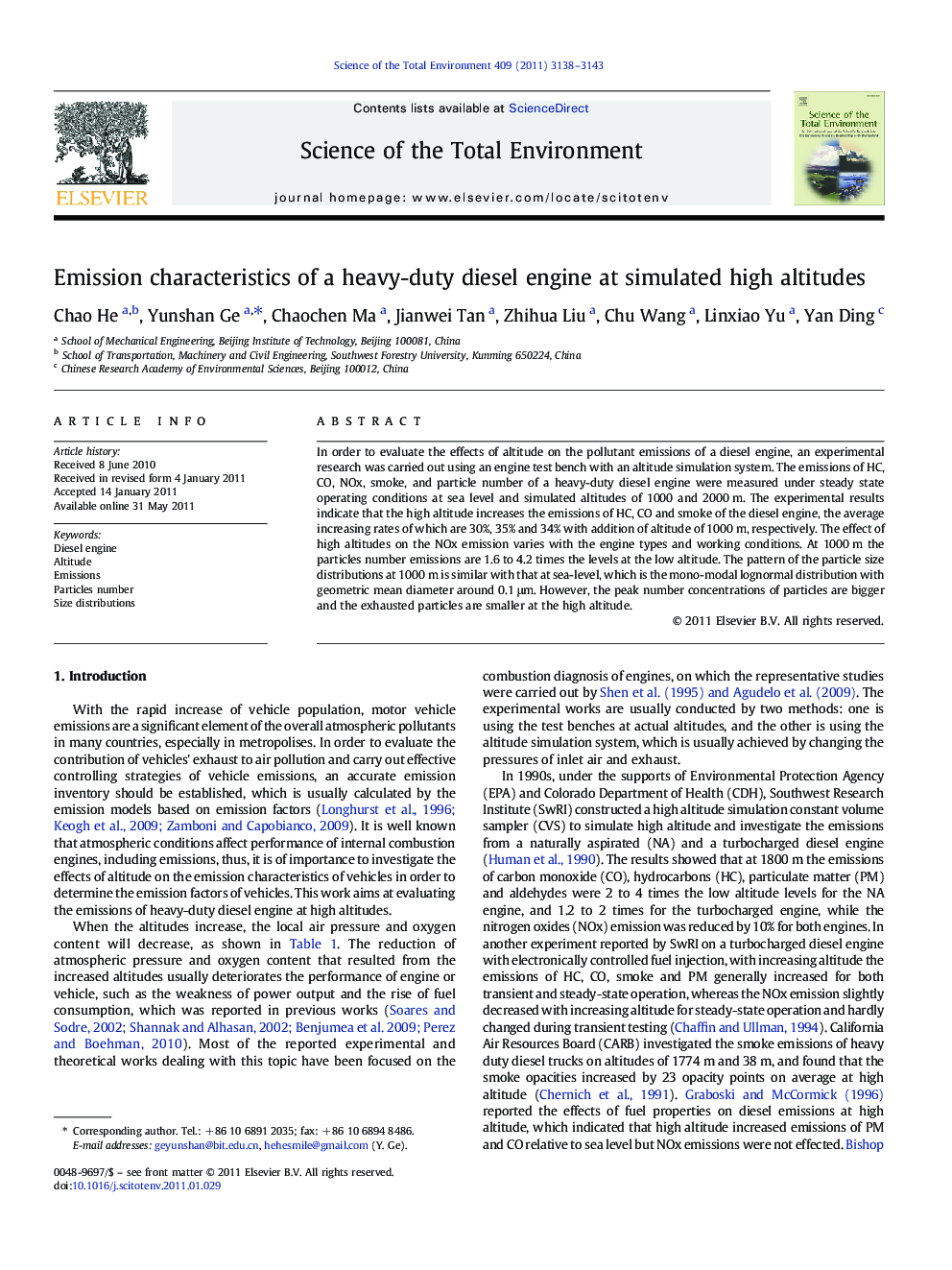 Emission characteristics of a heavy-duty diesel engine at simulated high altitudes