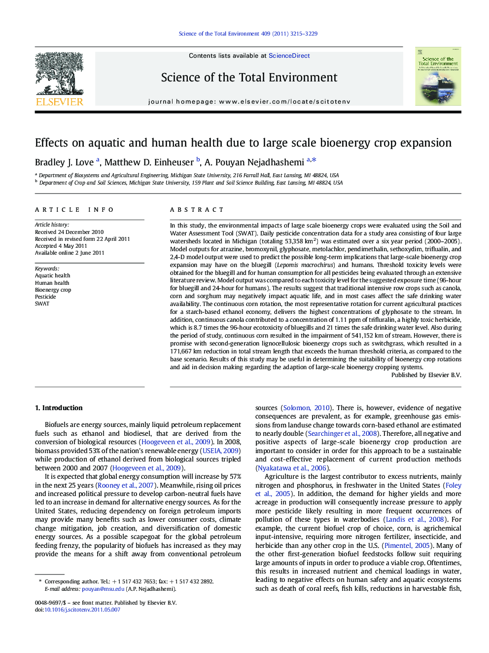 Effects on aquatic and human health due to large scale bioenergy crop expansion