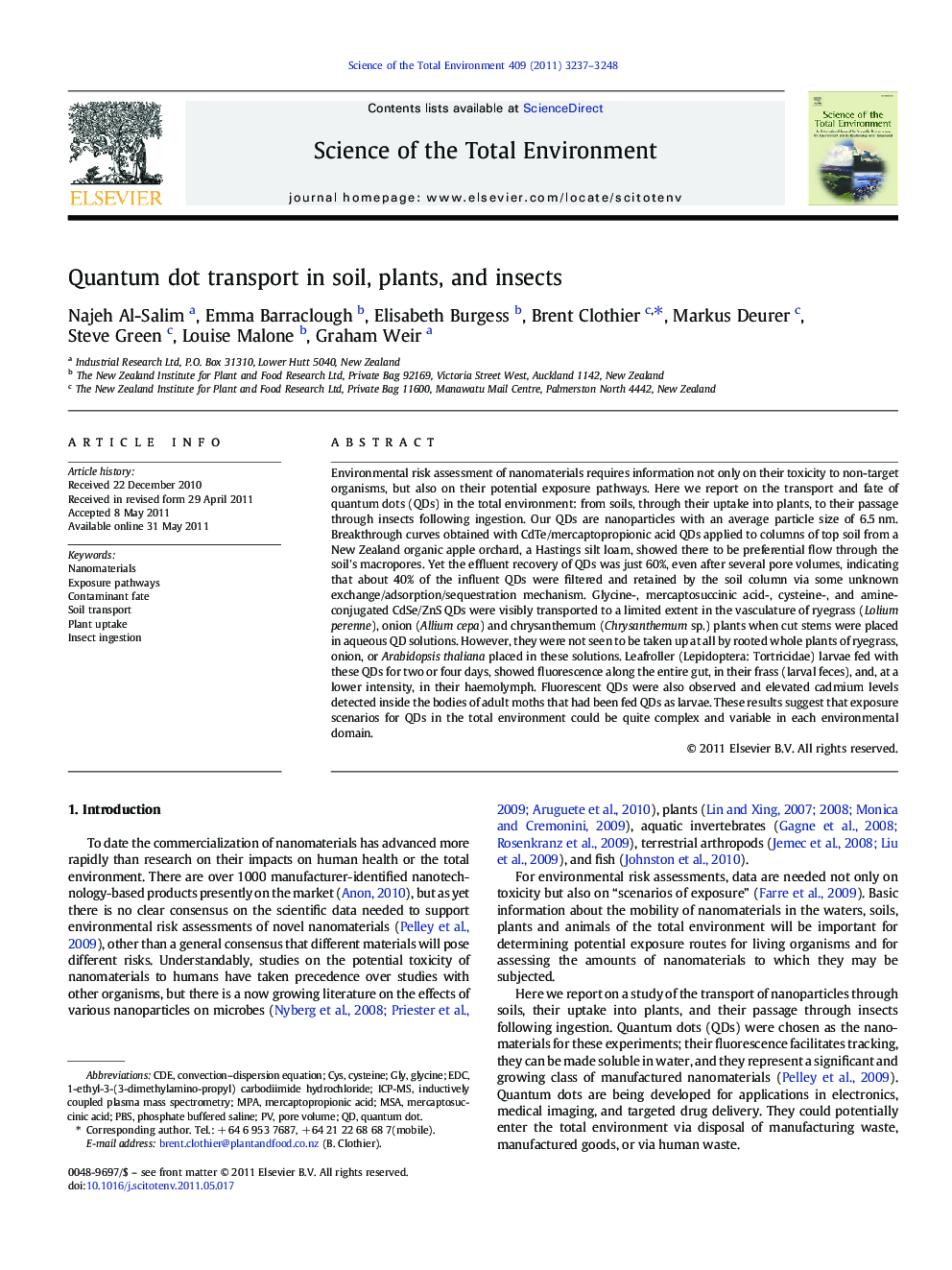 Quantum dot transport in soil, plants, and insects