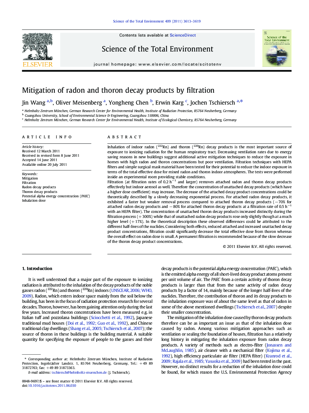 Mitigation of radon and thoron decay products by filtration