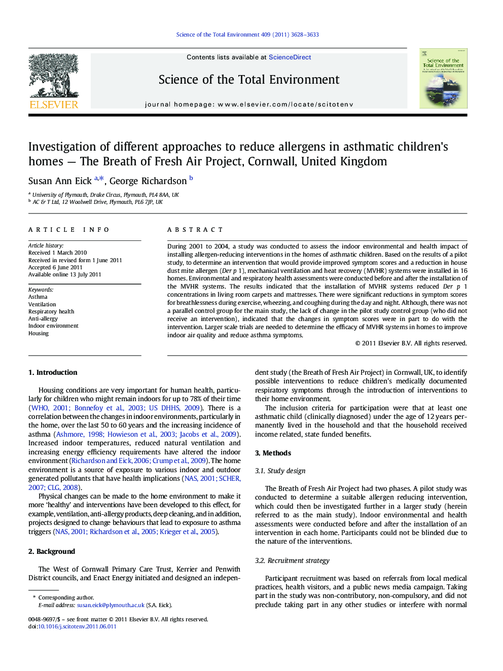 Investigation of different approaches to reduce allergens in asthmatic children's homes — The Breath of Fresh Air Project, Cornwall, United Kingdom