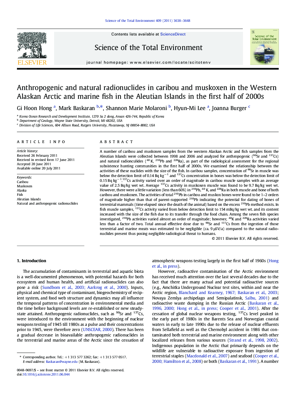 Anthropogenic and natural radionuclides in caribou and muskoxen in the Western Alaskan Arctic and marine fish in the Aleutian Islands in the first half of 2000s