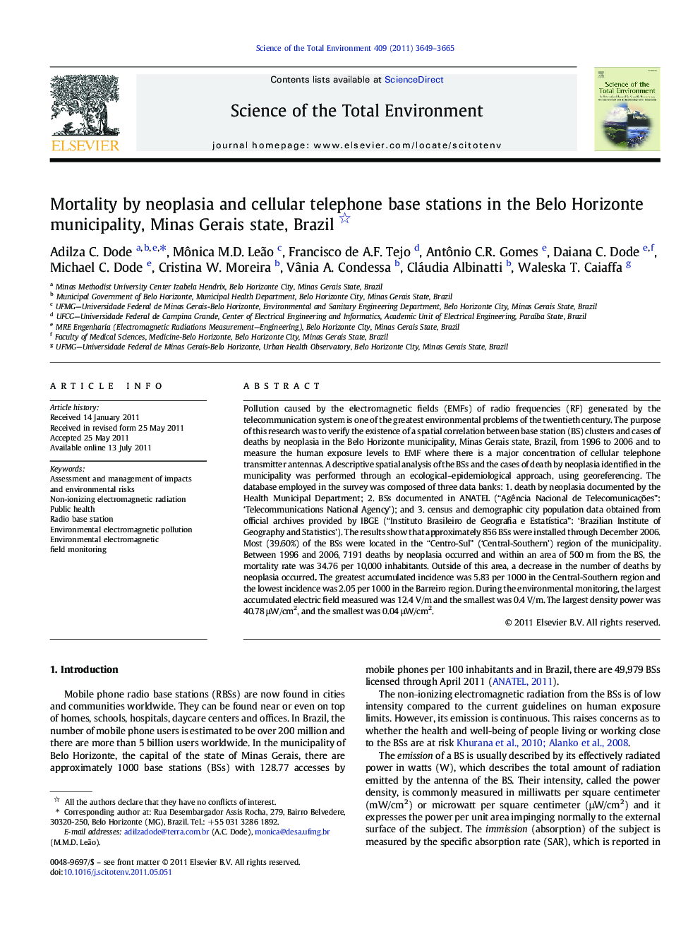 عکس صفحه اول مقاله: Mortality by neoplasia and cellular telephone base stations in the Belo Horizonte municipality, Minas Gerais state, Brazil Mortality by neoplasia and cellular telephone base stations in the Belo Horizonte municipality, Minas Gerais state, Brazil