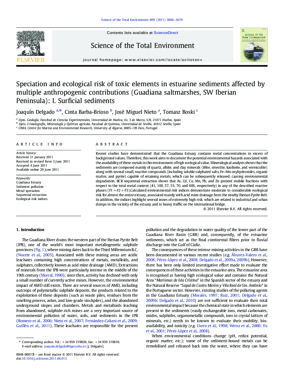 Speciation and ecological risk of toxic elements in estuarine sediments affected by multiple anthropogenic contributions (Guadiana saltmarshes, SW Iberian Peninsula): I. Surficial sediments