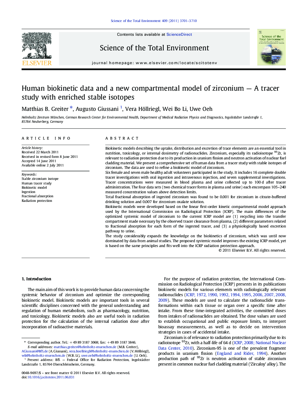 Human biokinetic data and a new compartmental model of zirconium — A tracer study with enriched stable isotopes