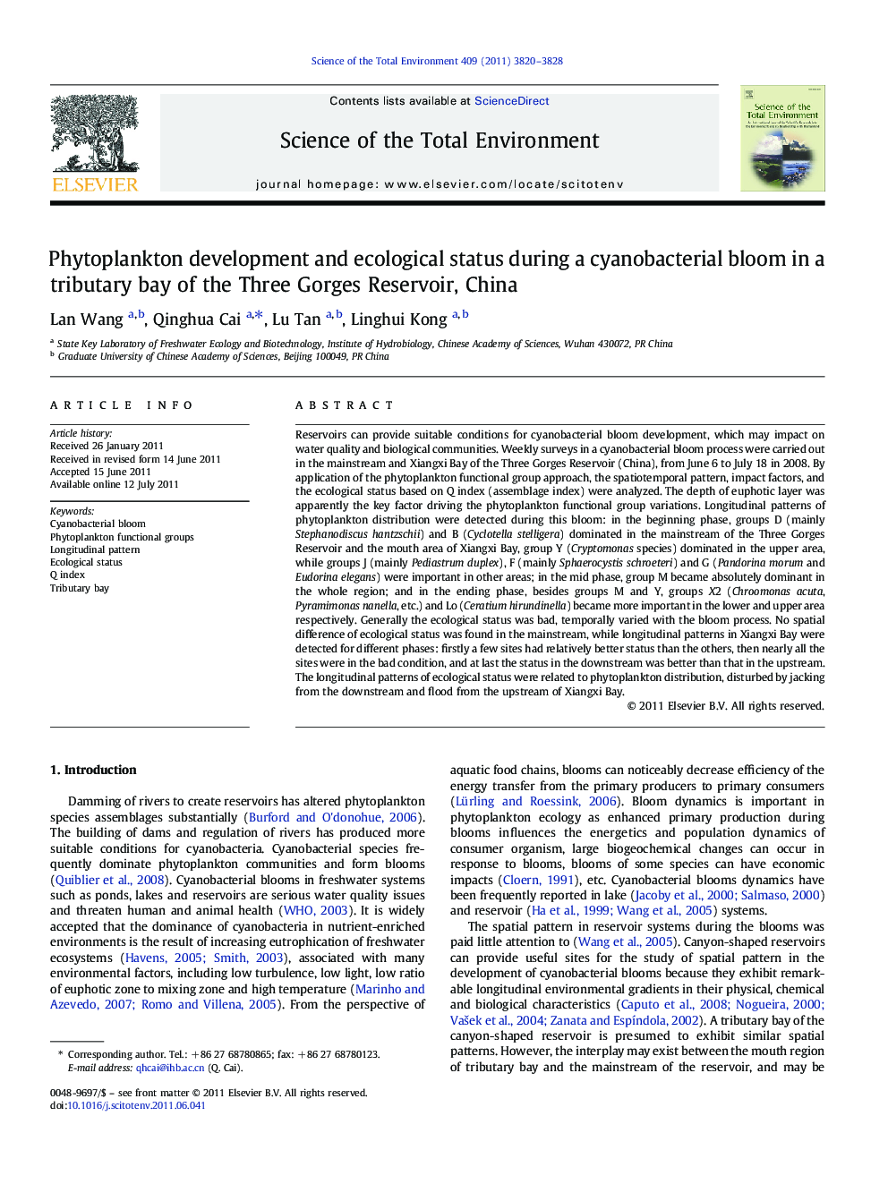 Phytoplankton development and ecological status during a cyanobacterial bloom in a tributary bay of the Three Gorges Reservoir, China