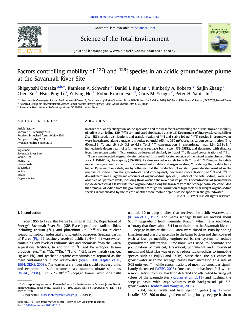 Factors controlling mobility of 127I and 129I species in an acidic groundwater plume at the Savannah River Site