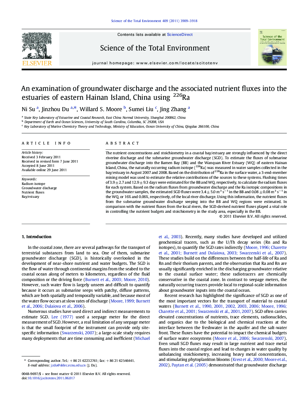 An examination of groundwater discharge and the associated nutrient fluxes into the estuaries of eastern Hainan Island, China using 226Ra