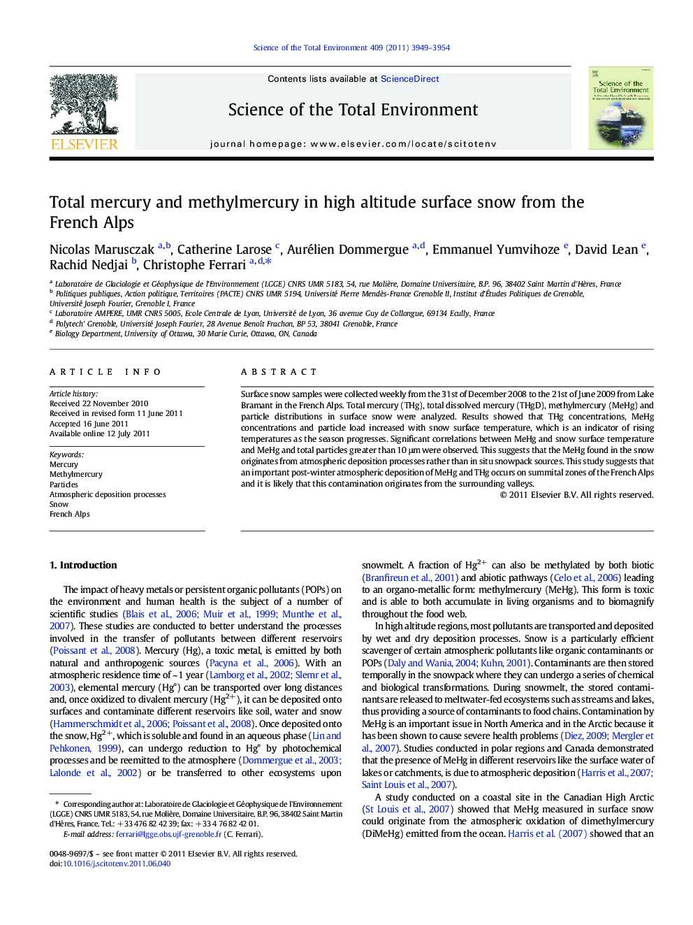 Total mercury and methylmercury in high altitude surface snow from the French Alps