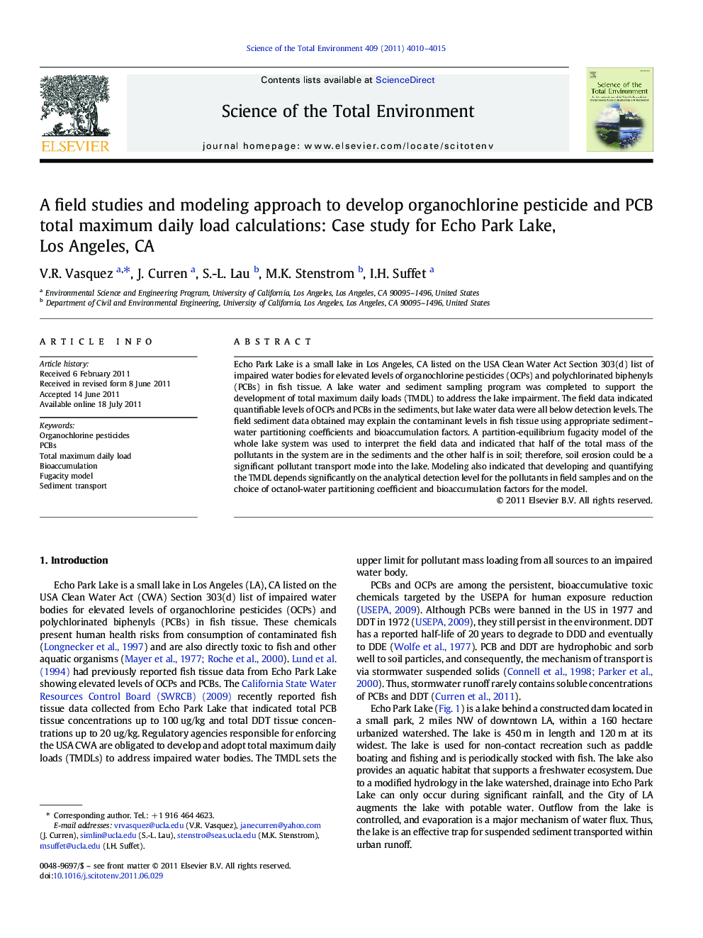 A field studies and modeling approach to develop organochlorine pesticide and PCB total maximum daily load calculations: Case study for Echo Park Lake, Los Angeles, CA