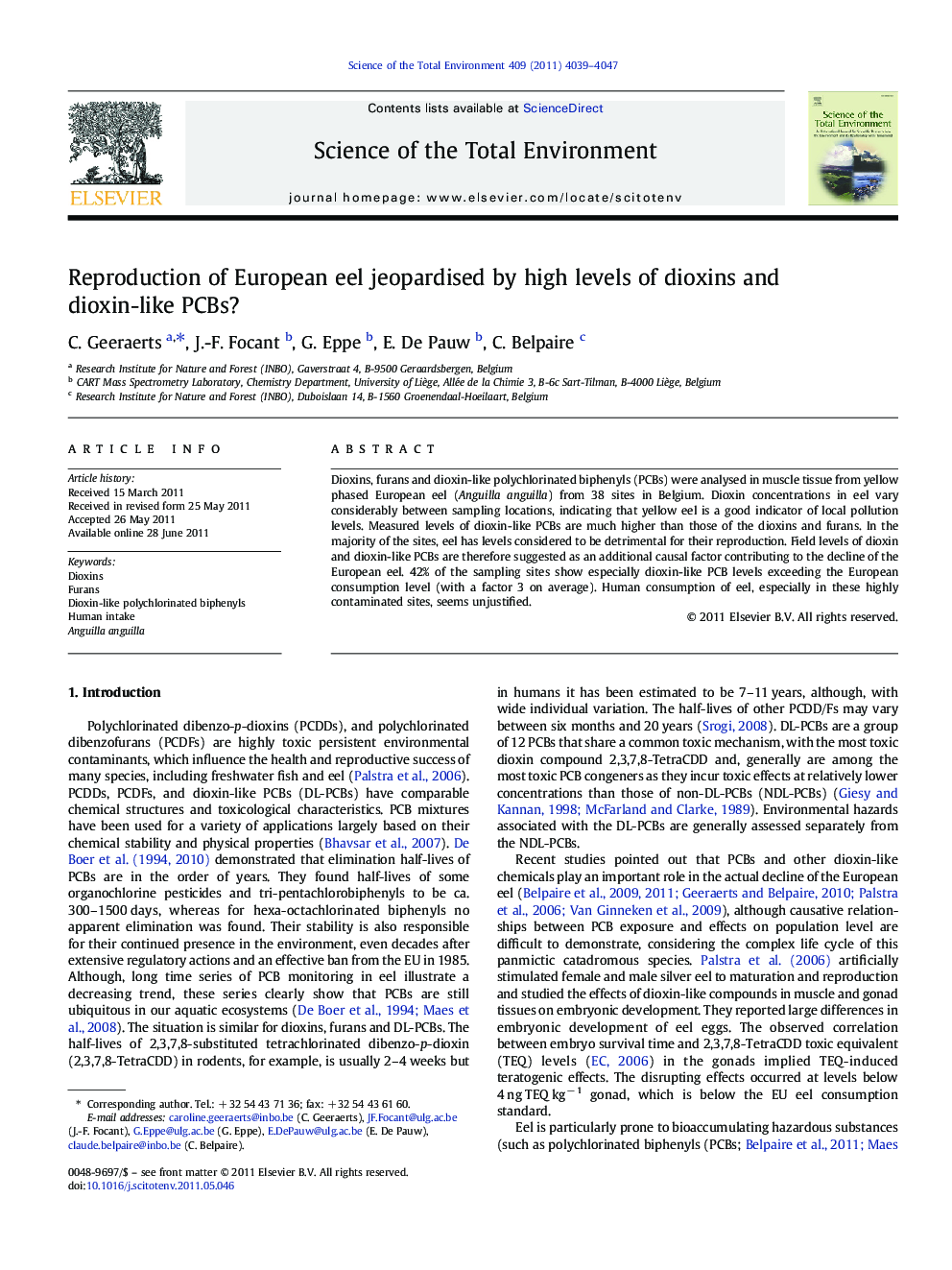 Reproduction of European eel jeopardised by high levels of dioxins and dioxin-like PCBs?