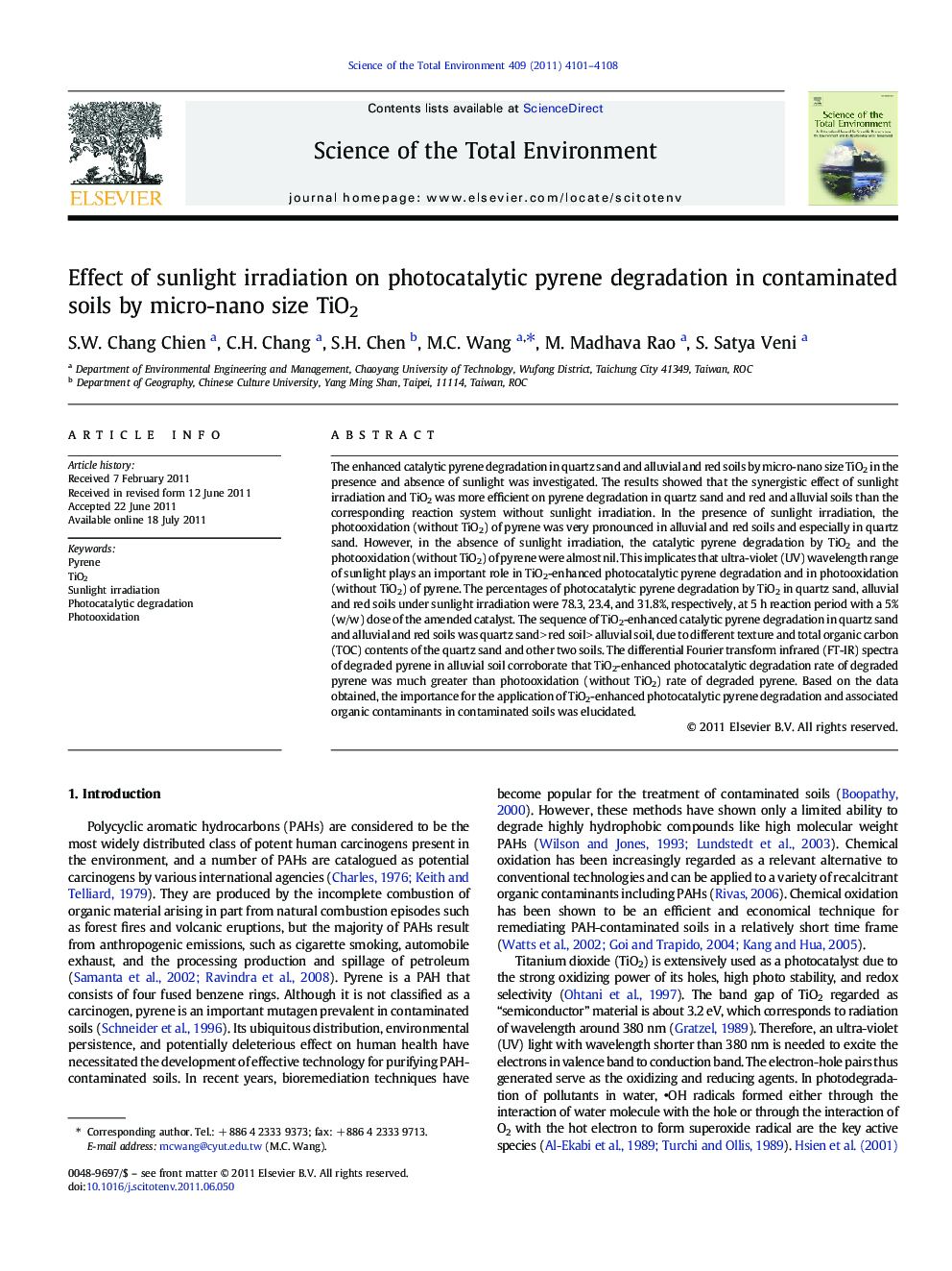 Effect of sunlight irradiation on photocatalytic pyrene degradation in contaminated soils by micro-nano size TiO2