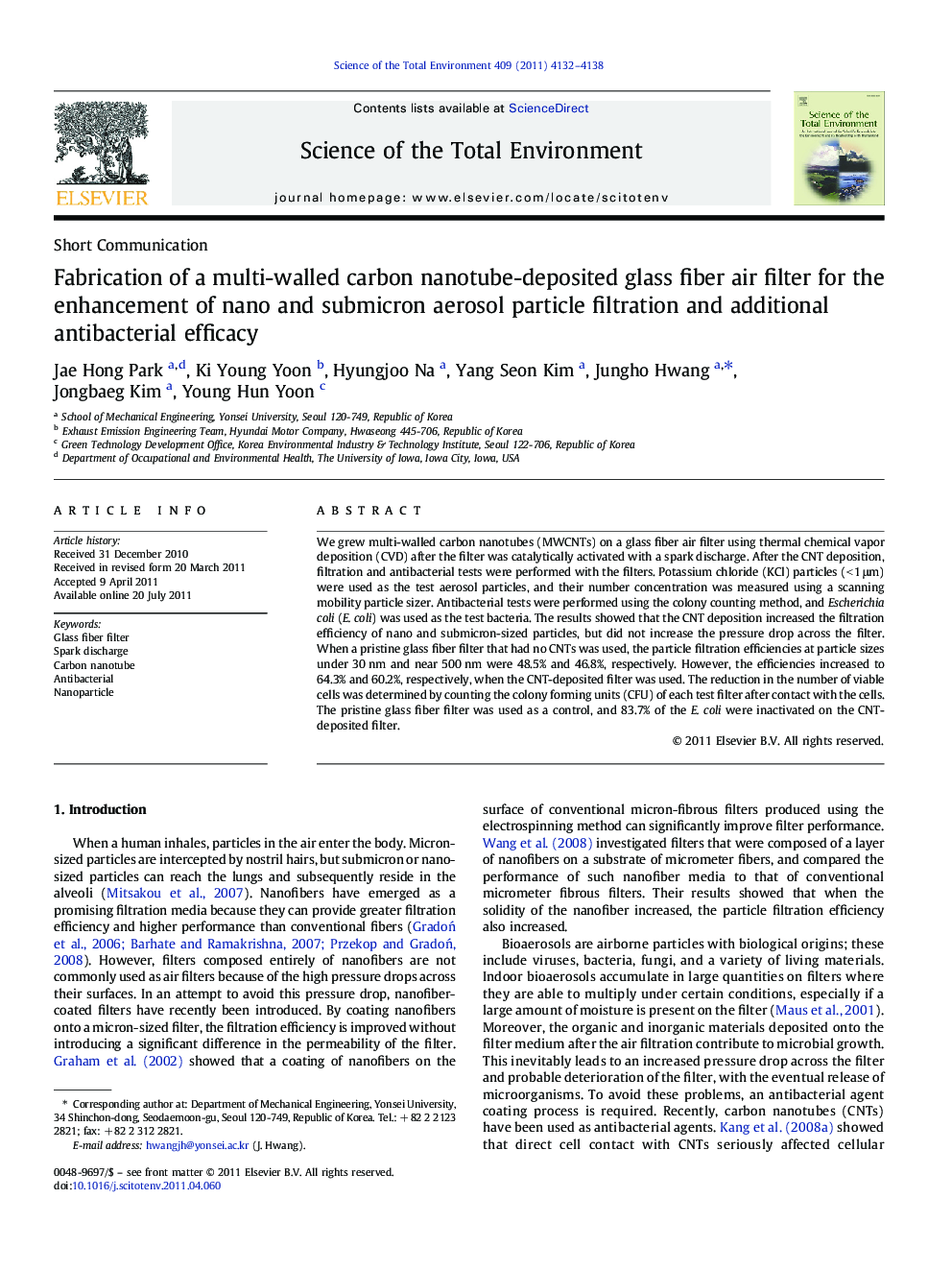 Fabrication of a multi-walled carbon nanotube-deposited glass fiber air filter for the enhancement of nano and submicron aerosol particle filtration and additional antibacterial efficacy