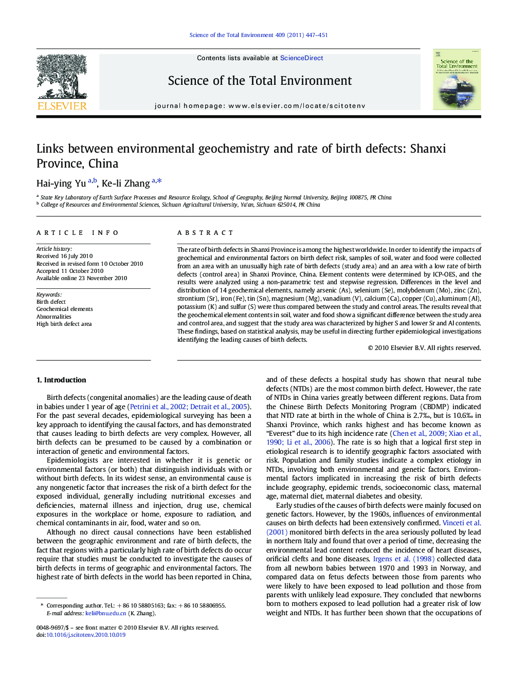 Links between environmental geochemistry and rate of birth defects: Shanxi Province, China