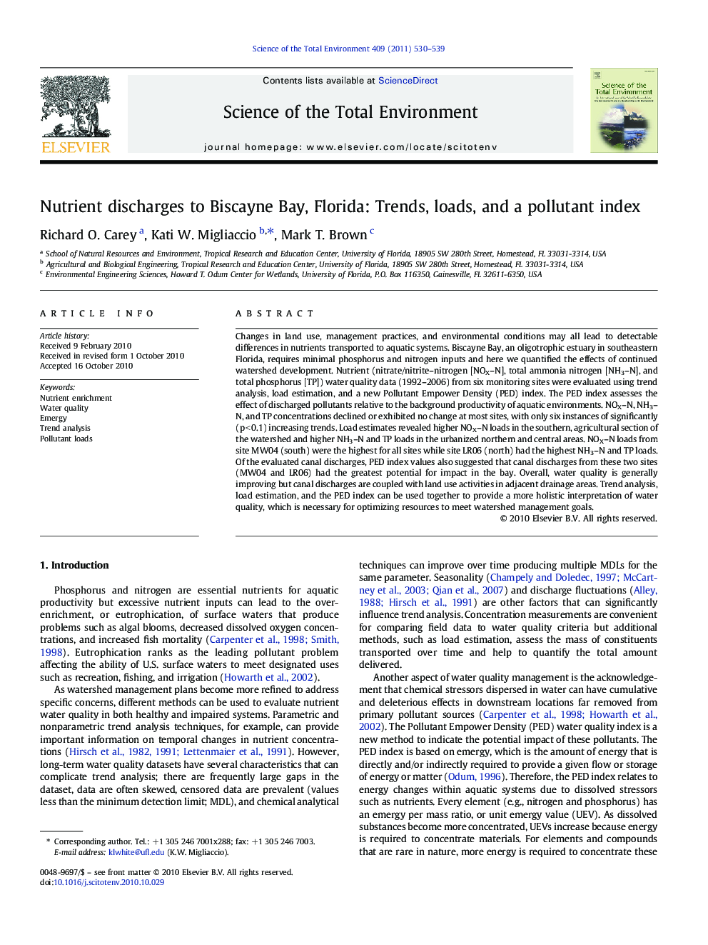 Nutrient discharges to Biscayne Bay, Florida: Trends, loads, and a pollutant index