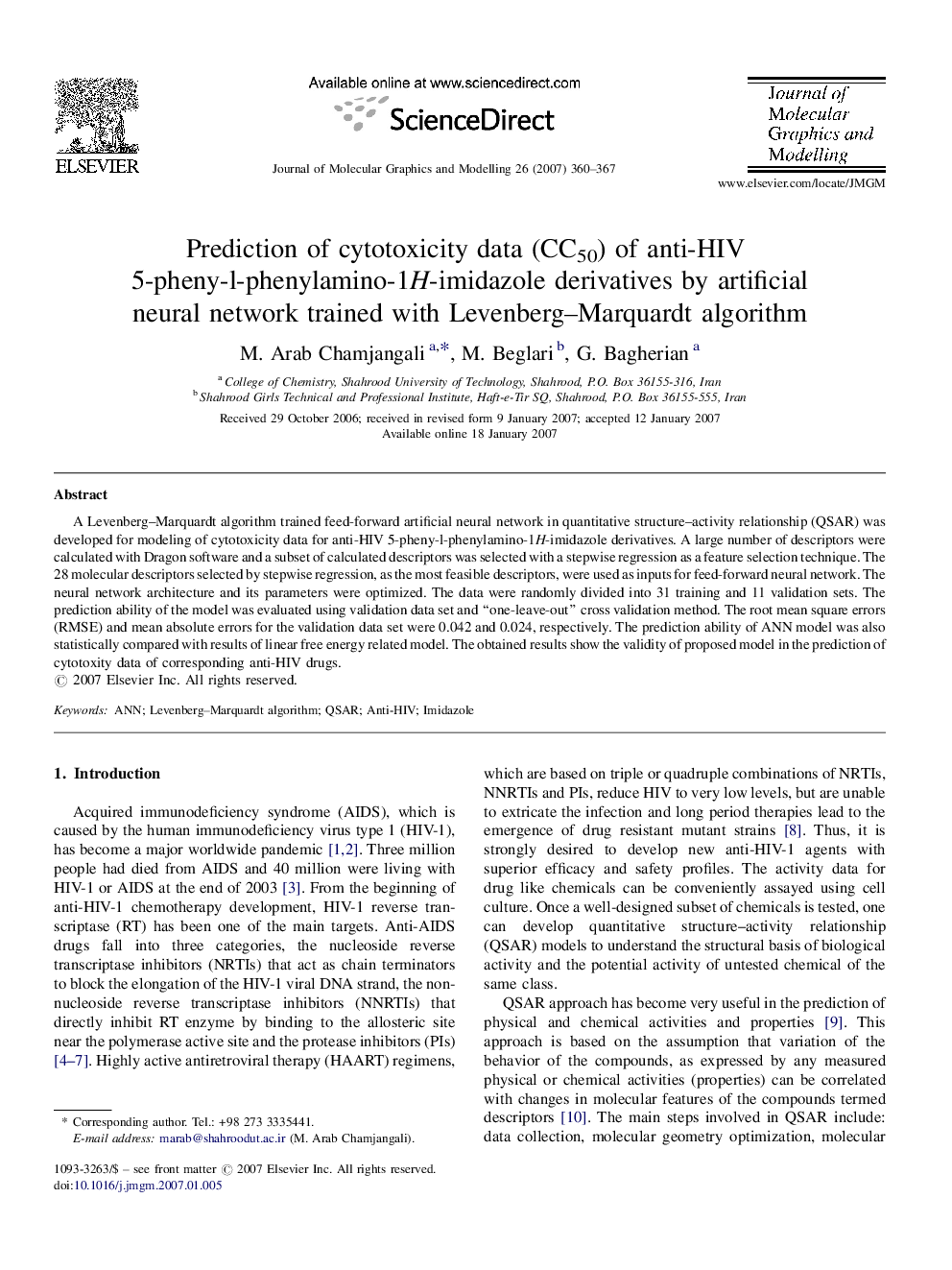 Prediction of cytotoxicity data (CC50) of anti-HIV 5-pheny-l-phenylamino-1H-imidazole derivatives by artificial neural network trained with Levenberg–Marquardt algorithm