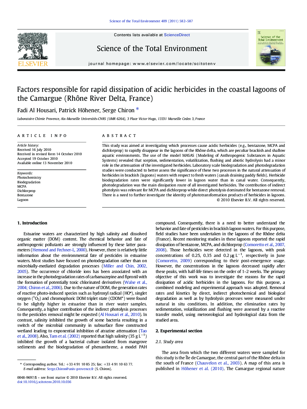 Factors responsible for rapid dissipation of acidic herbicides in the coastal lagoons of the Camargue (Rhône River Delta, France)