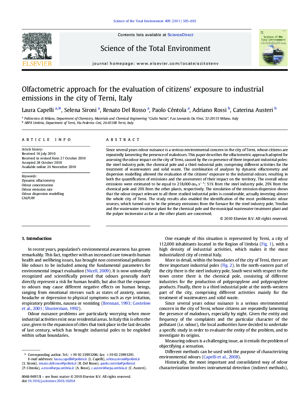 Olfactometric approach for the evaluation of citizens' exposure to industrial emissions in the city of Terni, Italy