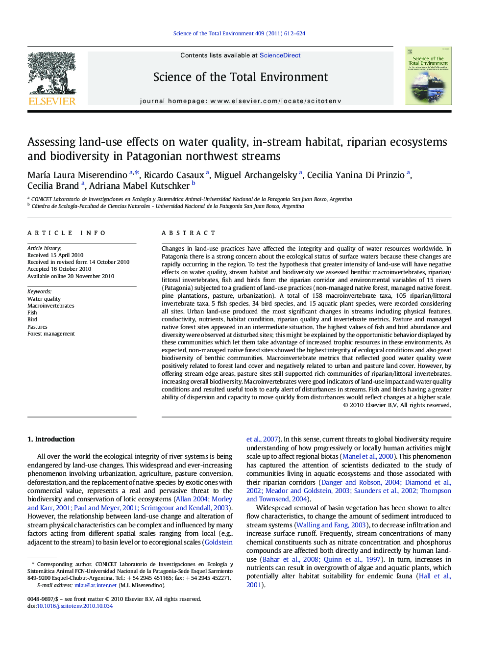 Assessing land-use effects on water quality, in-stream habitat, riparian ecosystems and biodiversity in Patagonian northwest streams