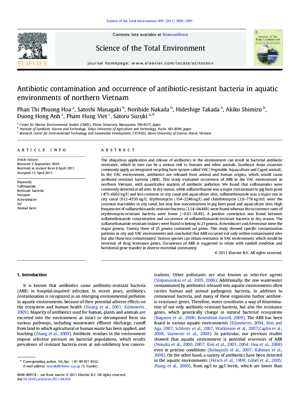 Antibiotic contamination and occurrence of antibiotic-resistant bacteria in aquatic environments of northern Vietnam