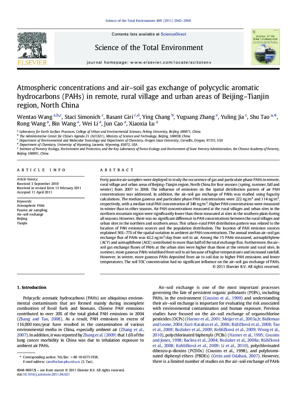 Atmospheric concentrations and air–soil gas exchange of polycyclic aromatic hydrocarbons (PAHs) in remote, rural village and urban areas of Beijing–Tianjin region, North China