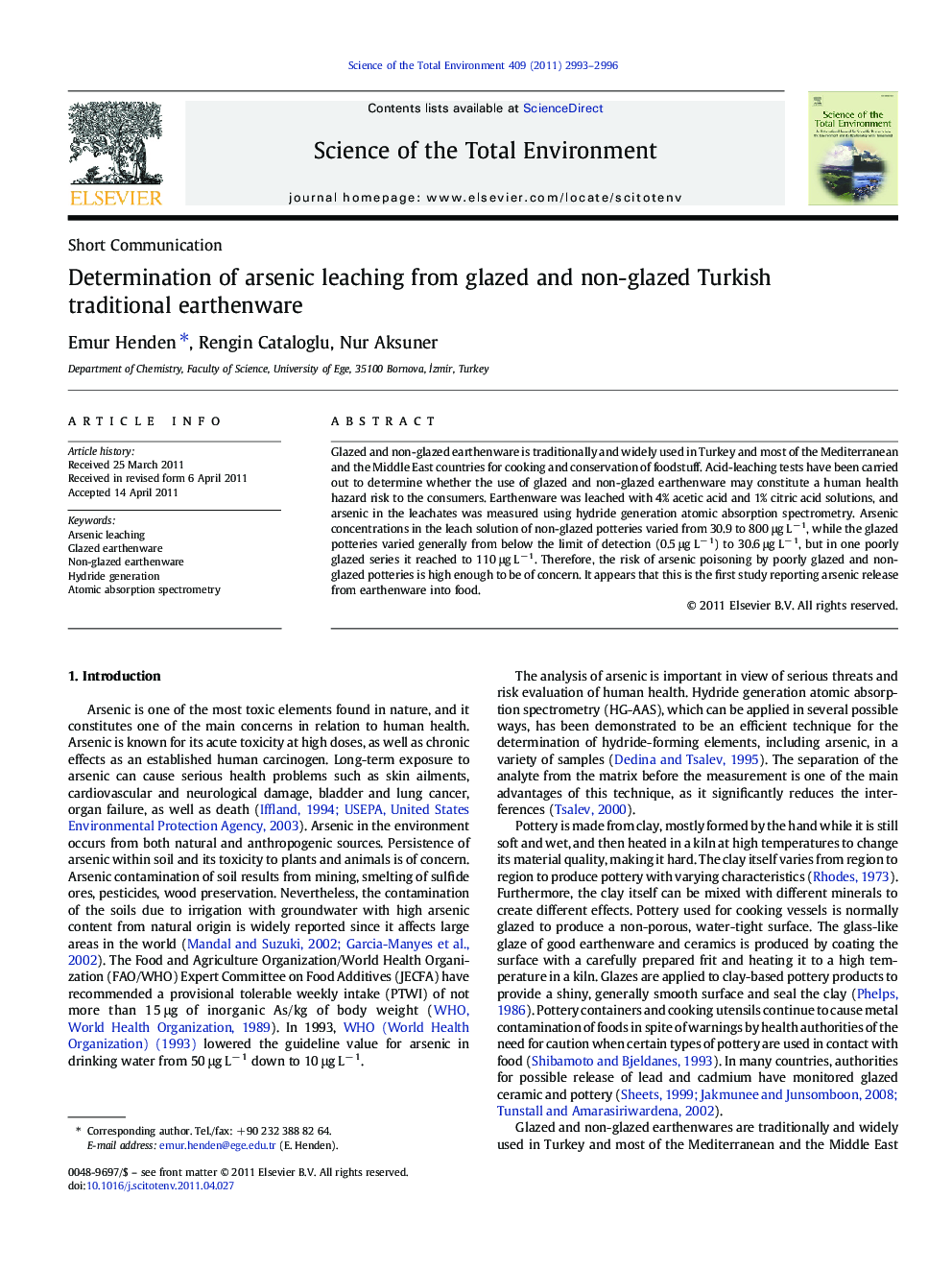 Determination of arsenic leaching from glazed and non-glazed Turkish traditional earthenware