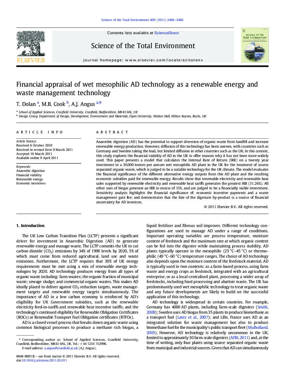 Financial appraisal of wet mesophilic AD technology as a renewable energy and waste management technology