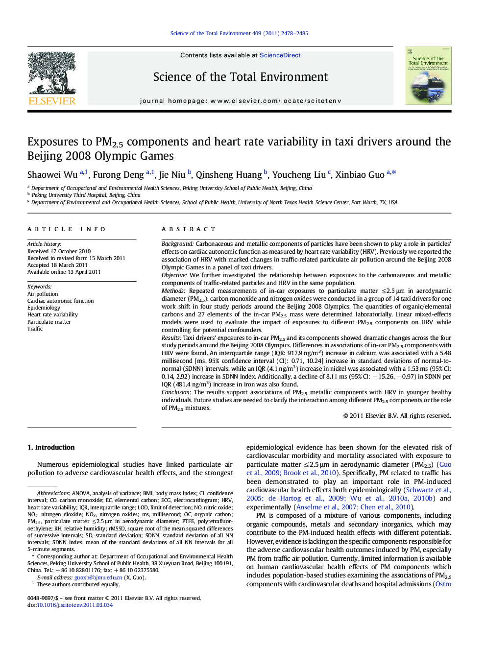 Exposures to PM2.5 components and heart rate variability in taxi drivers around the Beijing 2008 Olympic Games