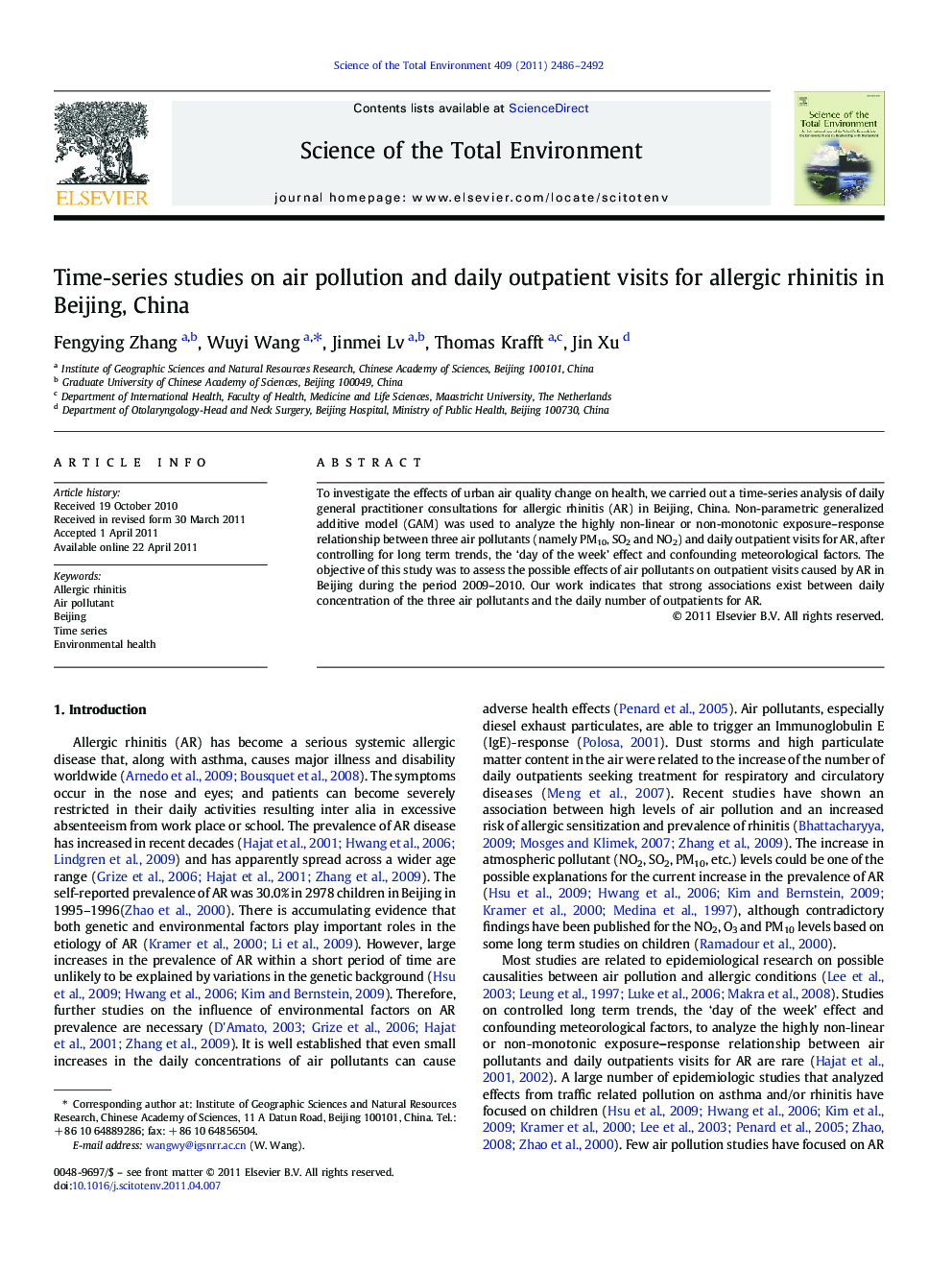 Time-series studies on air pollution and daily outpatient visits for allergic rhinitis in Beijing, China