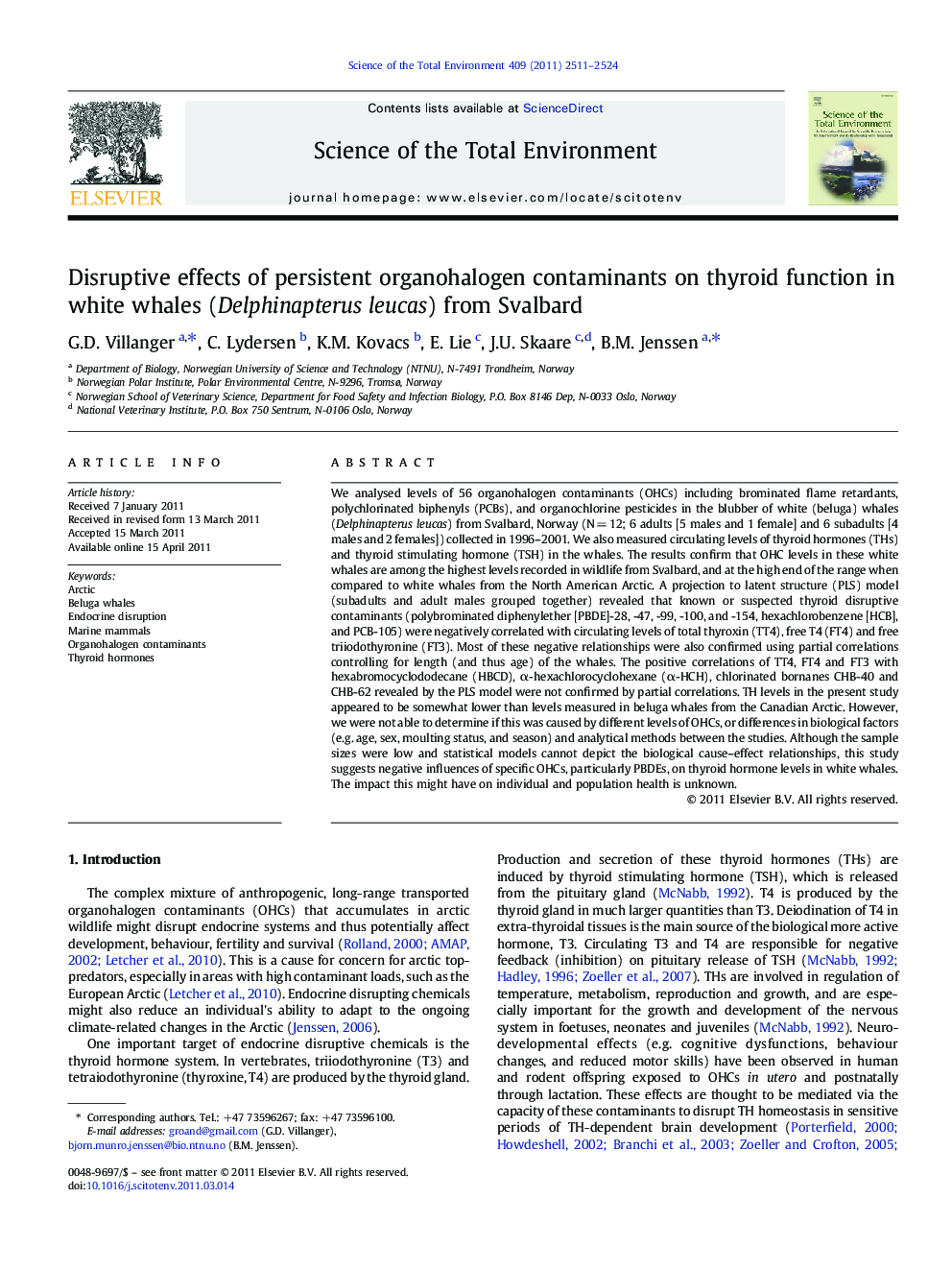 Disruptive effects of persistent organohalogen contaminants on thyroid function in white whales (Delphinapterus leucas) from Svalbard