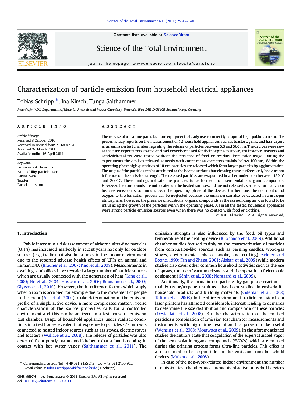 Characterization of particle emission from household electrical appliances