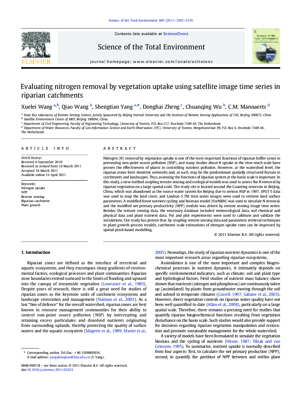 Evaluating nitrogen removal by vegetation uptake using satellite image time series in riparian catchments