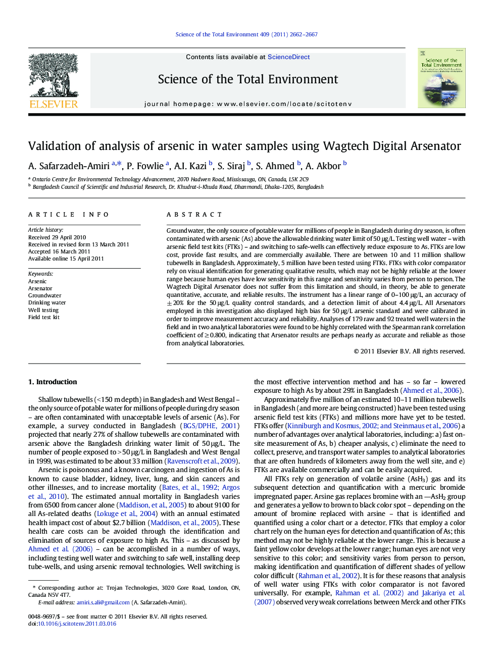 Validation of analysis of arsenic in water samples using Wagtech Digital Arsenator