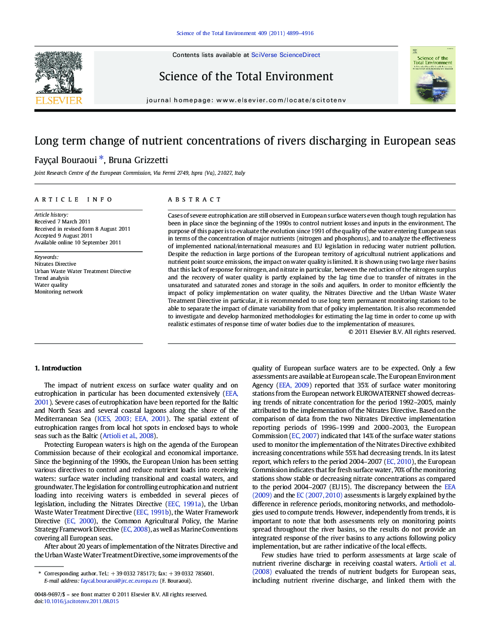 Long term change of nutrient concentrations of rivers discharging in European seas