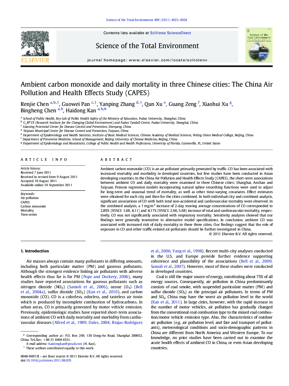 Ambient carbon monoxide and daily mortality in three Chinese cities: The China Air Pollution and Health Effects Study (CAPES)